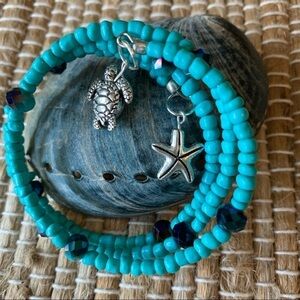 Handmade Beaded bracelet & faux leather earrings gift set summer beach turtle